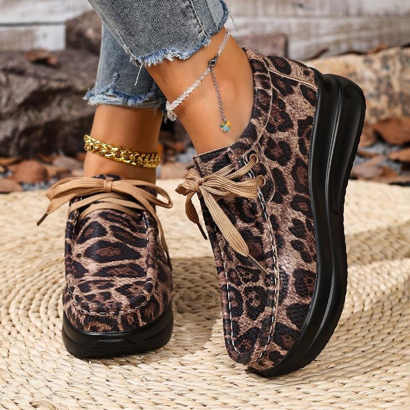 Fashion Casual Shoes Spring and Autumn Leopard Print Plus Size Single Shoes Lace-up Platform Heightened Round Toe Women's Shoes