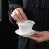 Light Luxury Relief High-grade Suet Jade Porcelain Sancai Cover Bowl Kung Fu Tea Set Single Tea Cup Tea Bowl Pure Handmade Boutique