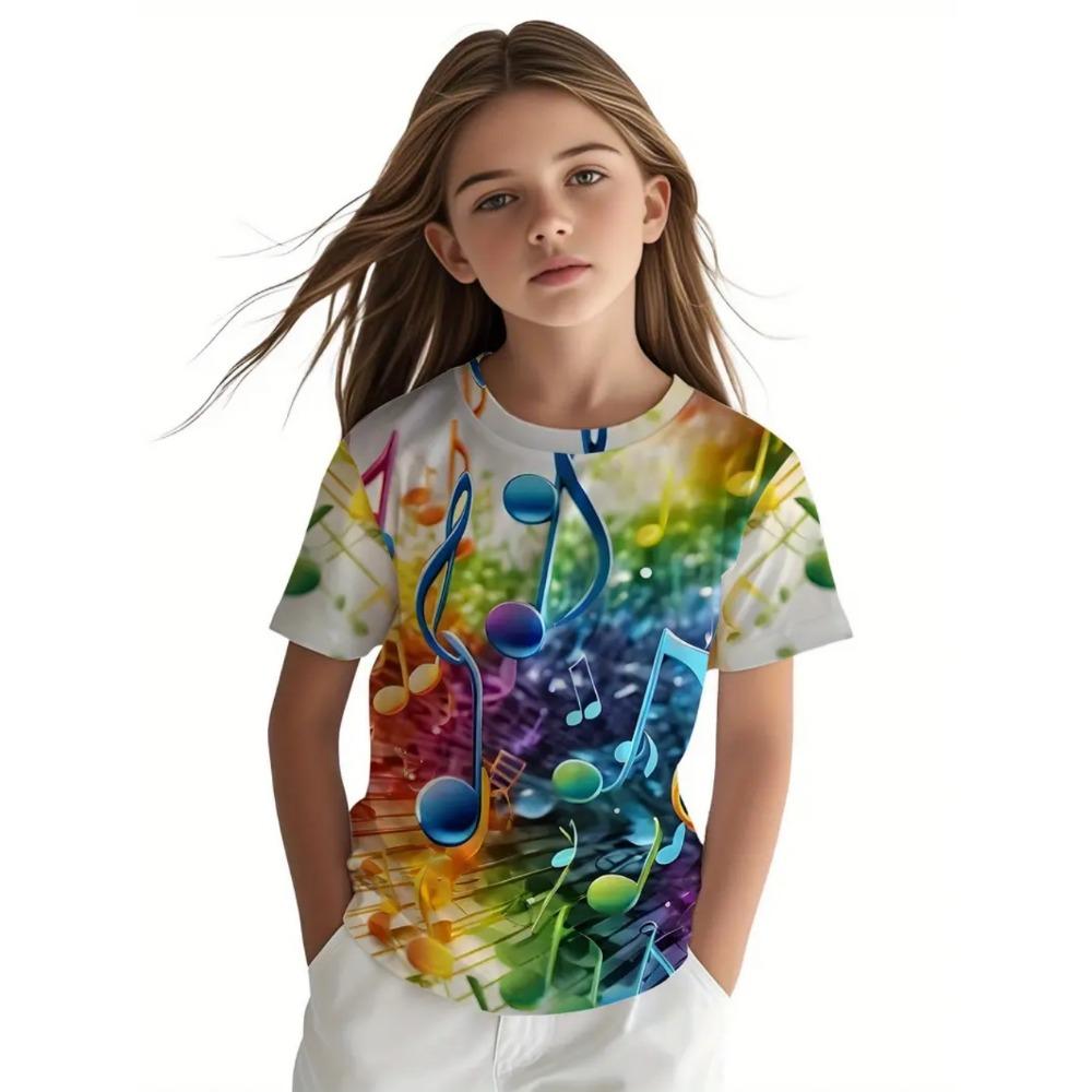 Retro children's clothing 3D music notes printed girls' clothing daily casual short sleeved street designer T-shirt top loose and fashionable T-shirt
