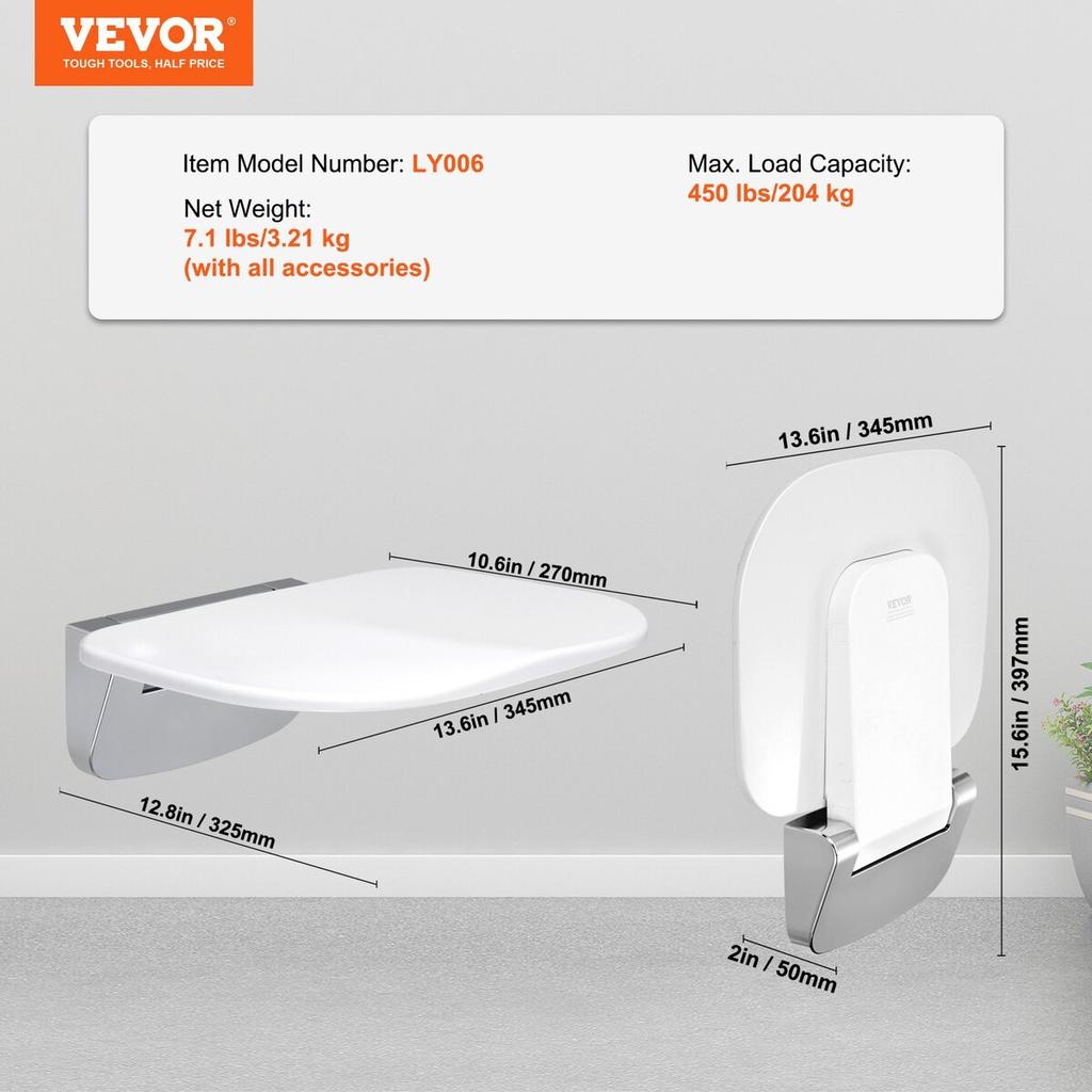 Folding Shower Seat 13.6'' X 12.8'' Wall Mounted Shower Bench 450 Lbs