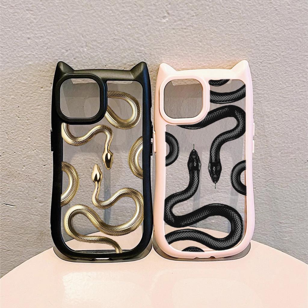 Cat Ear Soft Phone Case for iPhone 16 15 14 13 12 11 Pro Max Plus XR X TPU Anti-Drop Transparent Acrylic Back Cover NY25 Black Gold Snake design
