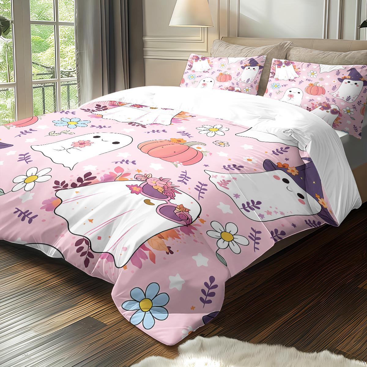 

3pcs Halloween Pink Ghost Pattern Duvet Cover Set, 1 Duvet Cover+2 Pillowcases, No Core. Soft and Comfortable Bedding Set 135x200cm-EU-Single&set