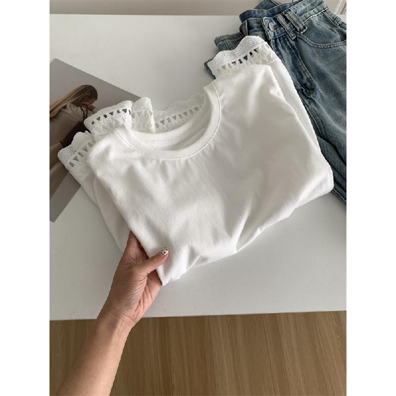 Hollowed-out lace hem pure cotton round-neck long-sleeve T-shirt for women, 2026 spring elegant Korean-style base shirt top