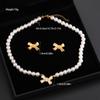 3 Pcs Set Bow Pendant Pearl Necklace Earrings Stud Set for Women Luxury Beaded Necklace Bridal Party Jewelry Set Gifts Korean