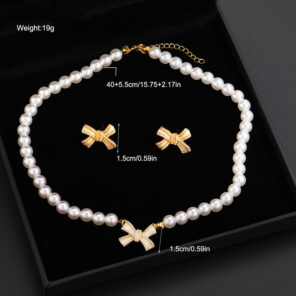3 Pcs Set Bow Pendant Pearl Necklace Earrings Stud Set for Women Luxury Beaded Necklace Bridal Party Jewelry Set Gifts Korean