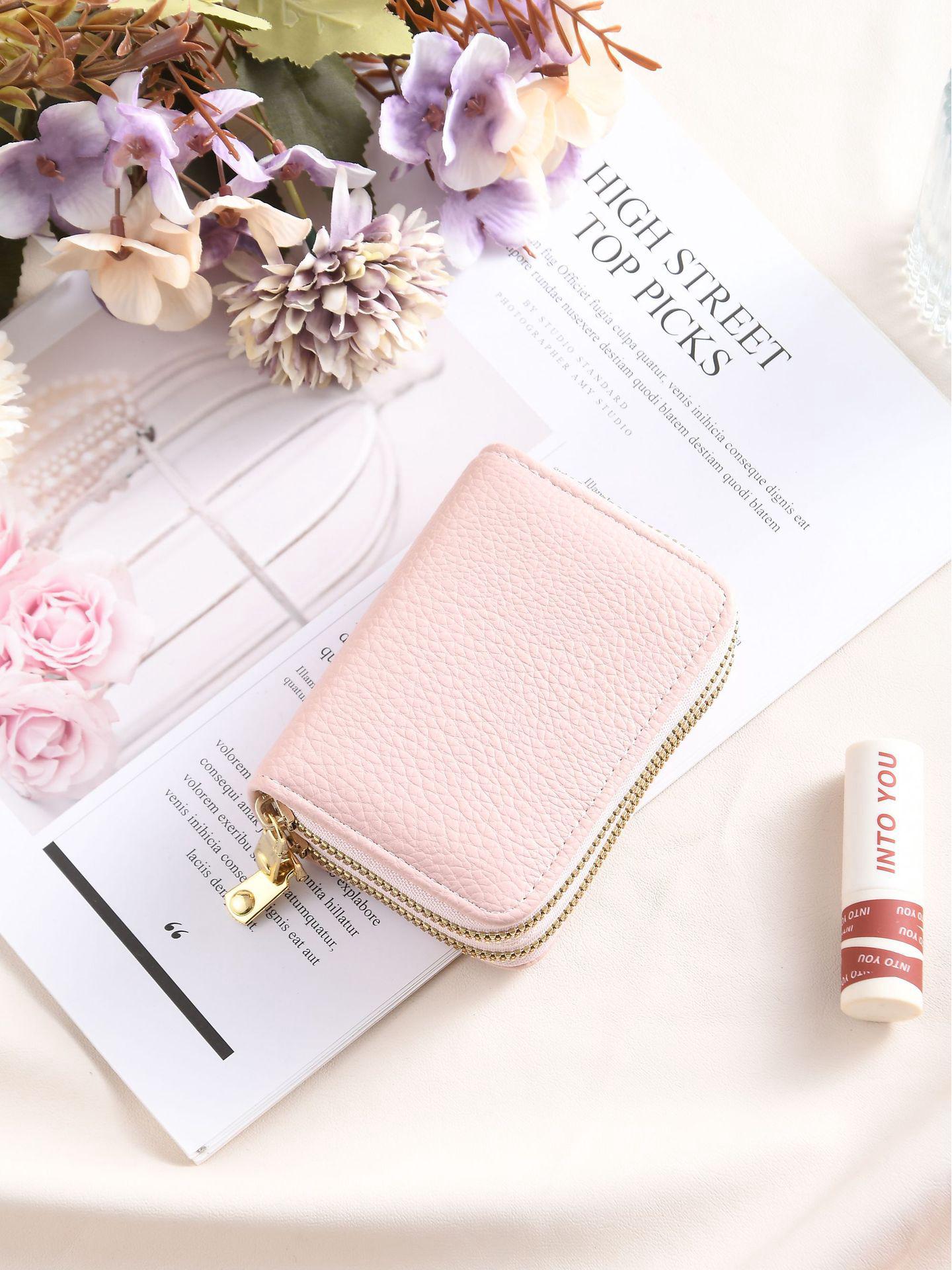 

Women s Double Zipper Lychee Grain Card Holder & Coin Purse with Accordion Wallet, Double Layer, Large Capacity, Multi-Card Slot