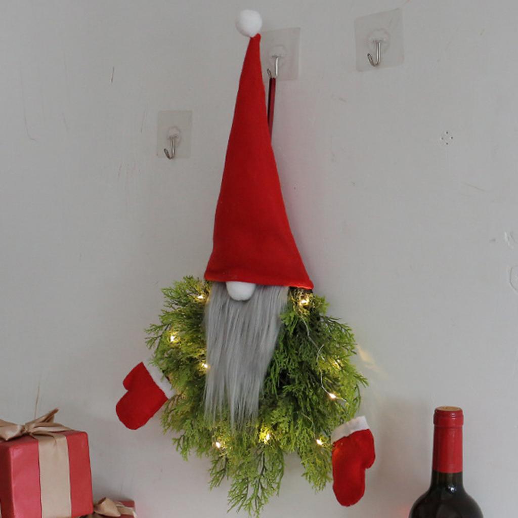 Gnome Christmas Decoration Door Wreath W/LED Light Artificial Advent Wreath Christmas Door Wreath for Front Door Window Wall