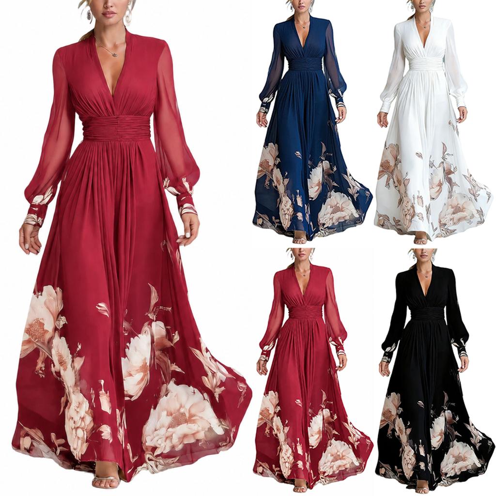 Women's Long Mesh Splicing Slim Fit Dress, Versatile Printed Maxi Dress for Casual Wear