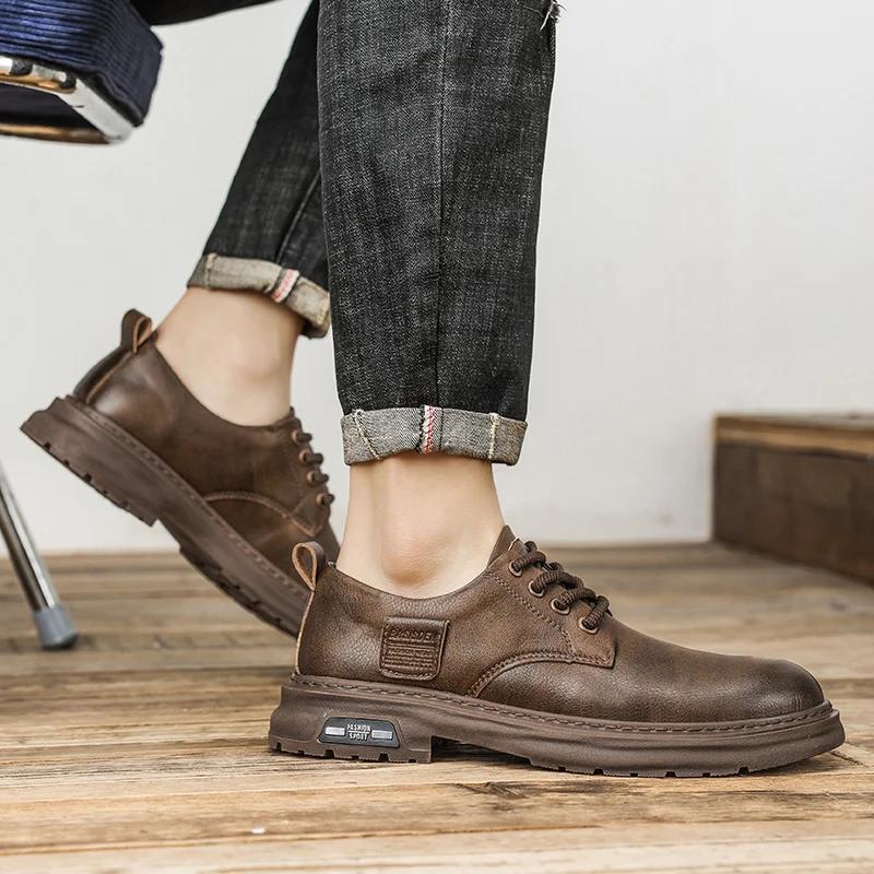 Fashion Men Casual Leather Shoes Retro Style  Classic Handmade Wear-Resistant Sneakers For Men Comfortable Thick Bottom Men Shoes