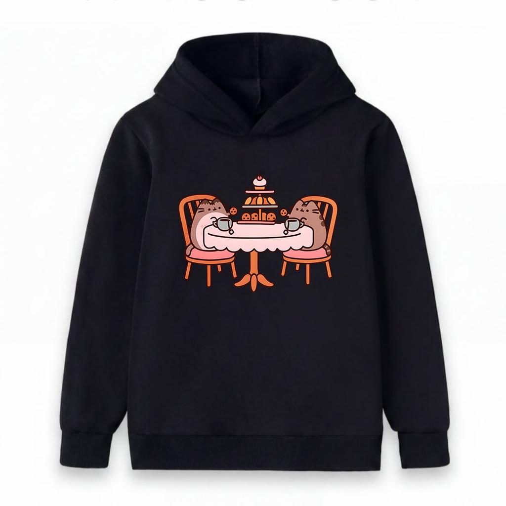 Kids Boys Girls Hooded Sweatshirt, Cute Cartoon Cat Afternoon Tea Print Casual Pullover Hoodie, Soft Warm Long Sleeve Top for Daily Wear and School Gi