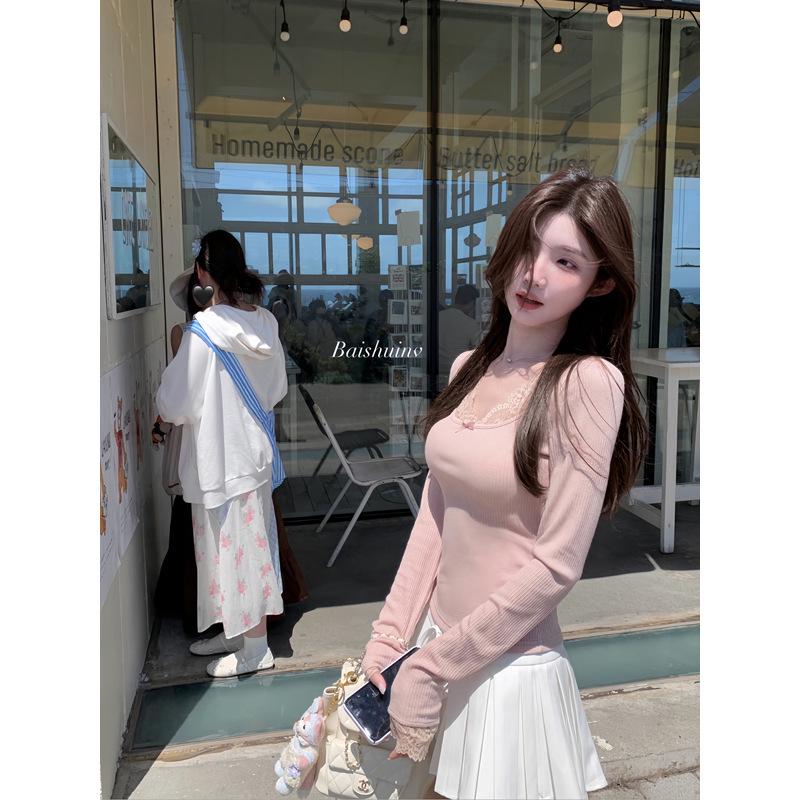 

Velvet Lace Trim Women s Patchwork Slim Fit Chic Autumn T-Shirt S грязно-белый