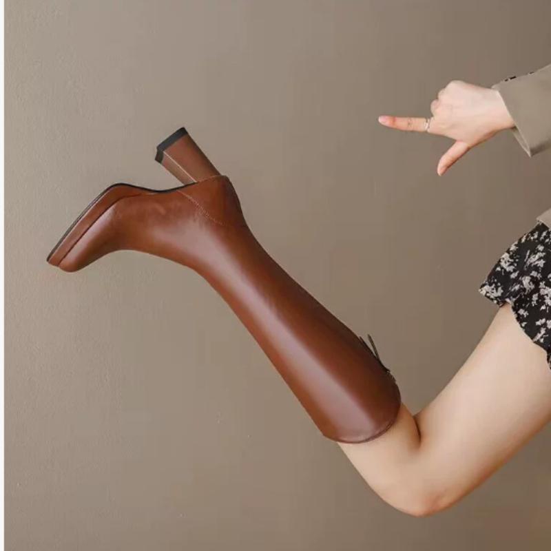 Women's Knee-High Elastic Boots Square Toe Water-Resistant Platform Chunky Heels Shoes New Fashion Street Style Footwears