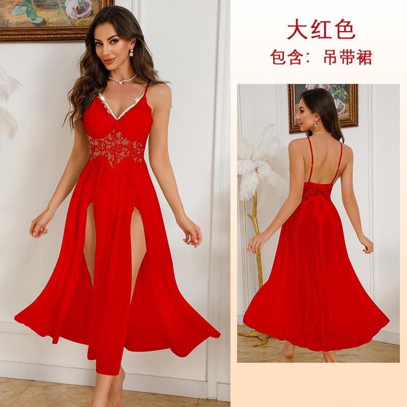 European and American sexy lace perspective high split long nightdress multi-color dark V pearl decorative suspender skirt