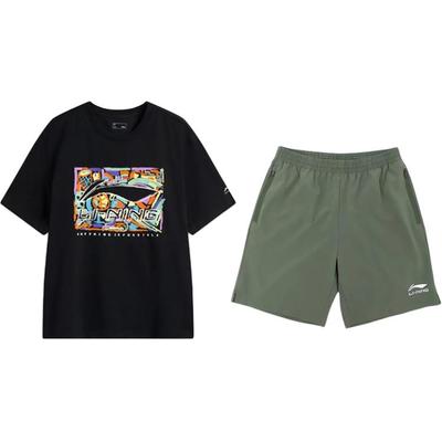Li-Ning Fashion Letter Pattern Printed Trendy Round Neck Short Sleeve Comfortable Versatile Five-Point Pants Casual Sports Suit AHSV291-2+YKSV147-1