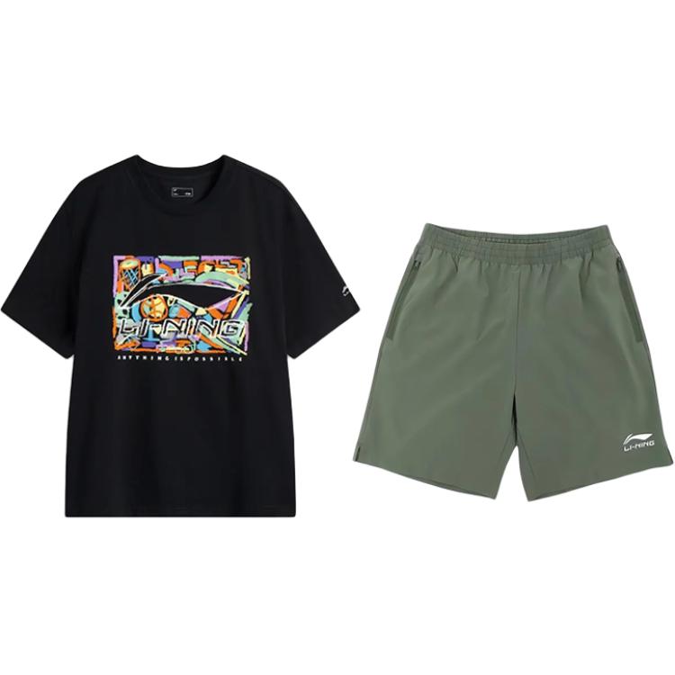 Li-Ning Fashion Letter Pattern Printed Trendy Round Neck Short Sleeve Comfortable Versatile Five-Point Pants Casual Sports Suit AHSV291-2+YKSV147-1
