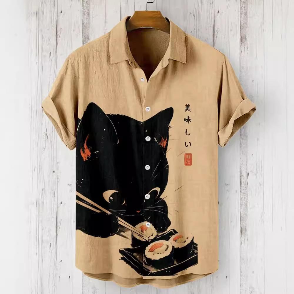 Summer Fashion Large Size Youth Men's Short Sleeve Shirt Linen Cardigan Lapel Funny Cat Ink Painting Print