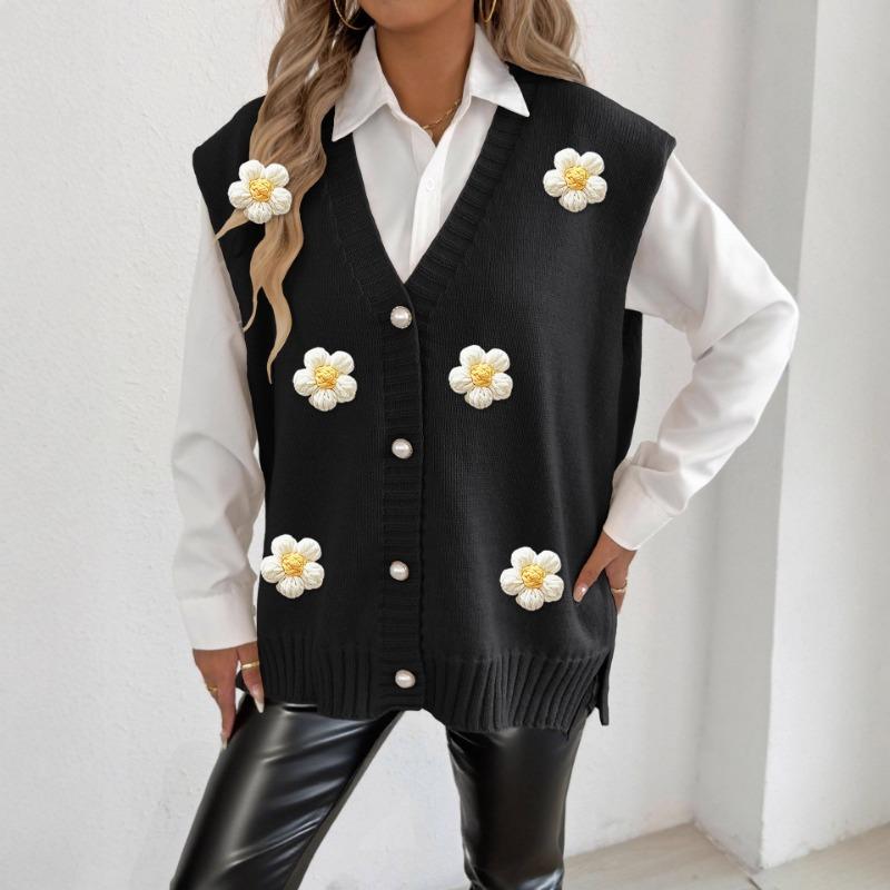 Women's Vest Autumn and Winter Vest Pearl Button Cardigan Hand Crochet Flower Patchwork Sweater Vest