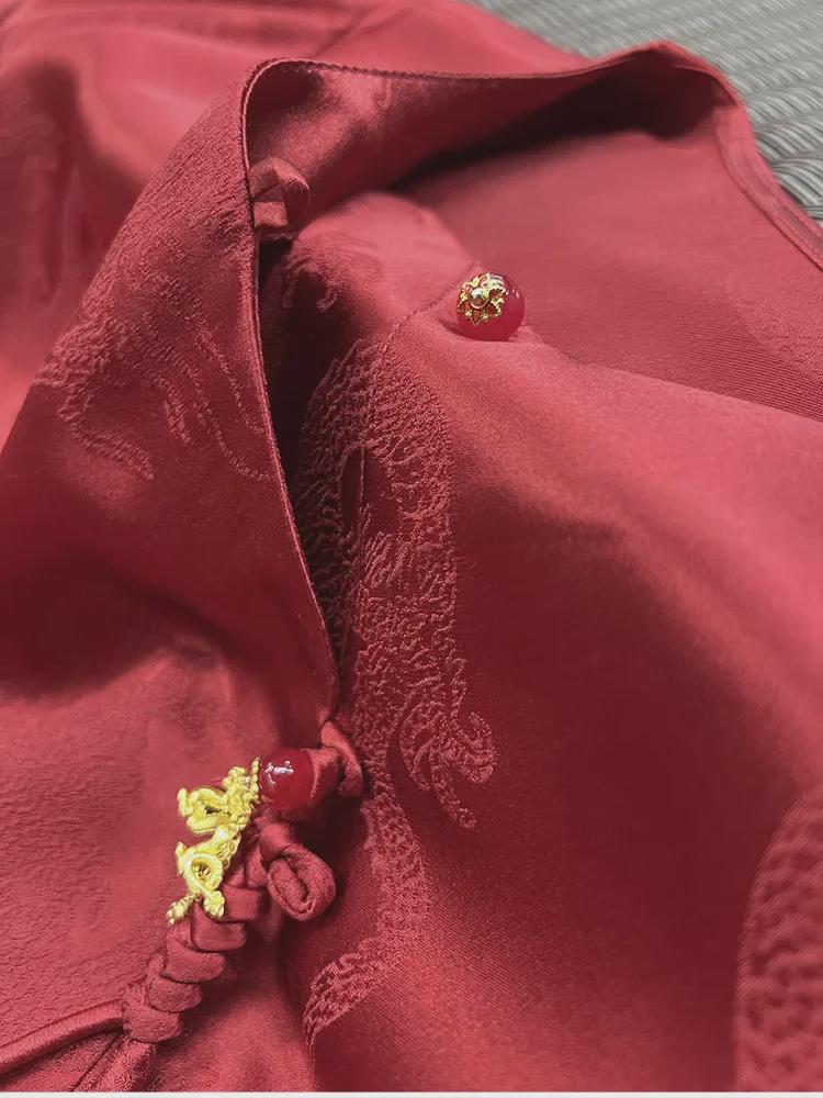 2024 Festive Red Chinese-Style Jacquard Dragon Top for Women