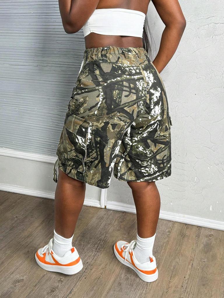 Camouflage Weiter Bein Mittellange Damen Arbeitskleidung Hose mit Taschen - Europäischer/Amerikanischer Stil Lässige Shorts