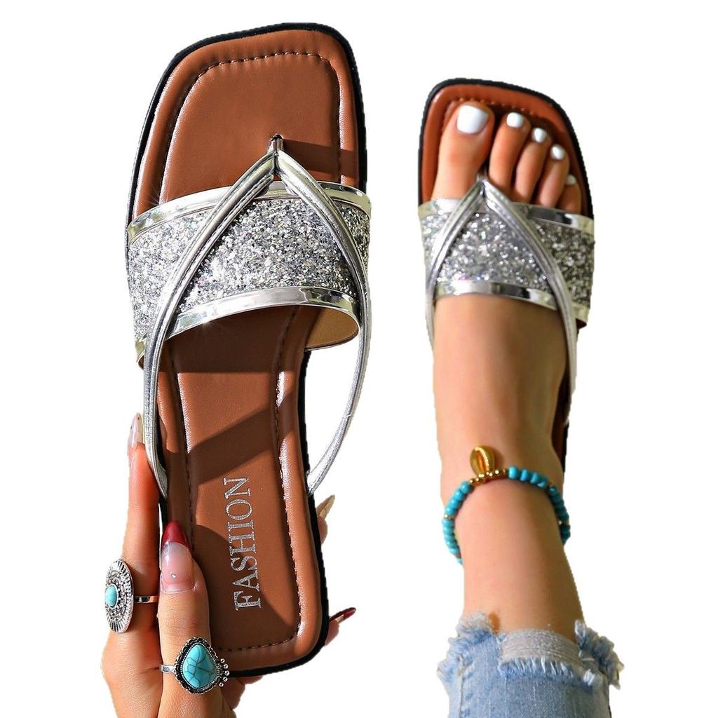 Außenhandel Übergröße Ein-Wort-Slipper mit flachem Boden Damen 2025 neue Mode Metall Pailletten lässige Flip-Flops Damen