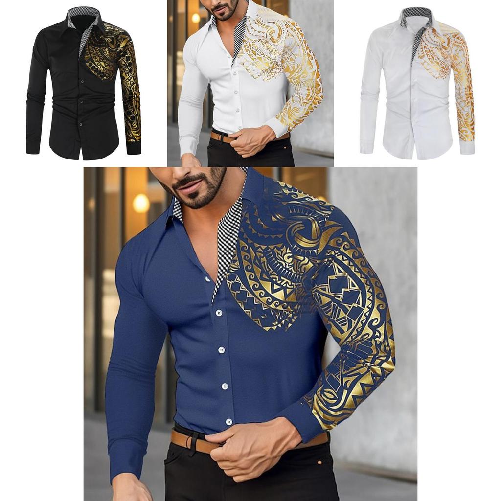 Men Long Sleeve Shirt With Metallic Print For Casual Wear And Spring Fashion