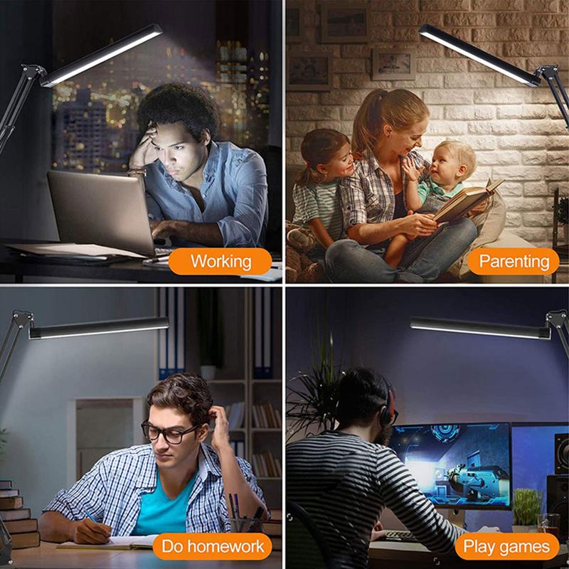 LED Faltbare Langarm Augenschutz Lese-Schreibtischlampe USB Lese-Arbeitsplatzleuchte mit Klemme Upgrade 12W Schwarz