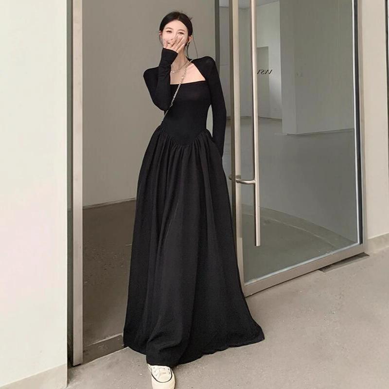 New Korean version black French dress women's Hepburn style small black dress thin design temperament long dress
