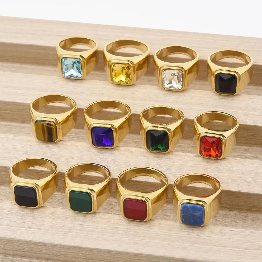 R3381 Męski/Damski Trend Wysoka Jakość Stal Nierdzewna 316L Wielokolorowe Cyrkonia Styl Onyks Złote Pierścionki Biżuteria