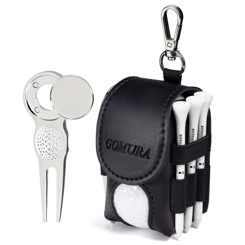 Gomura Golf Ball Case [2 Pieces] Golf Ball Pouch with Green Fork, Ball Marker, Golf Tee, PU Leather (Black)