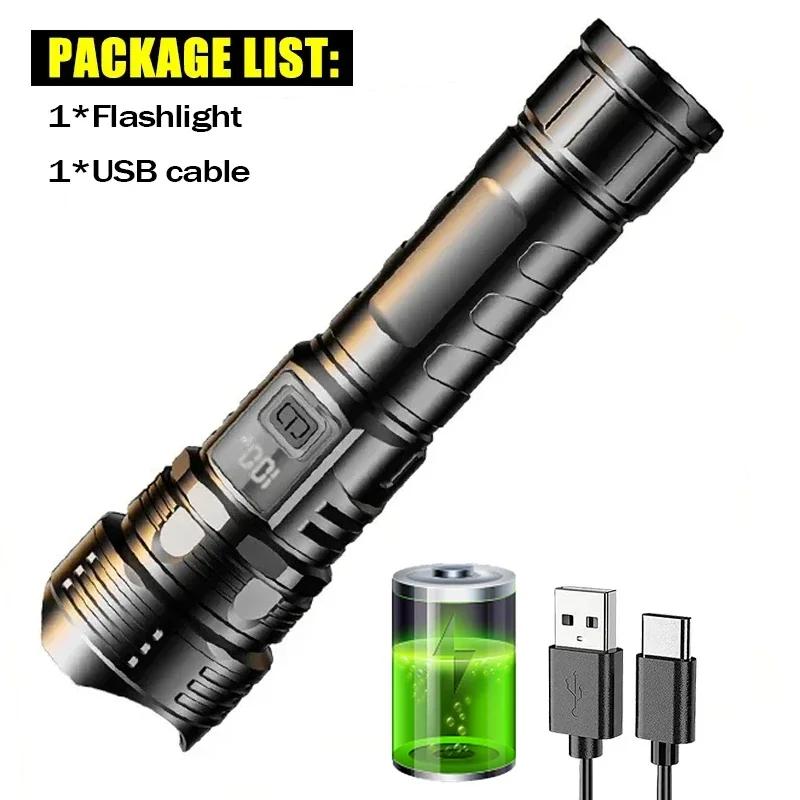 LED Flashlight USB Rechargeable Torch High Power Strong Light Flashlight Long Range Tactical Zoom Lamp Outdoor Camping Lantern