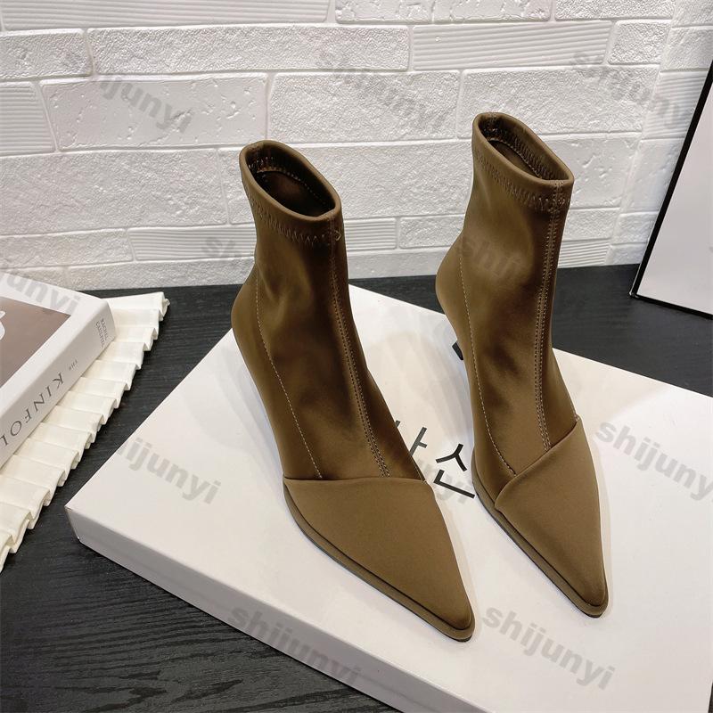 Women Pointed Toe Ankle Boots Elastic Leather Elegant Pumps Woman Autumn Winter New Sexy Party Chelsea Boots Socks Botas Mujer