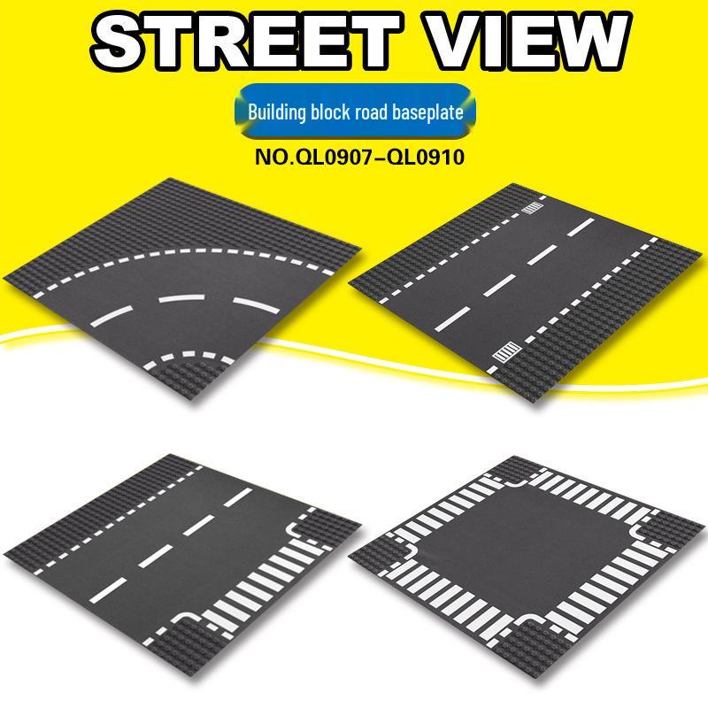 Street Scene 25x25CM Road Baseplate with Small Pegs - Single-Sided Race Track, Straight & Curved