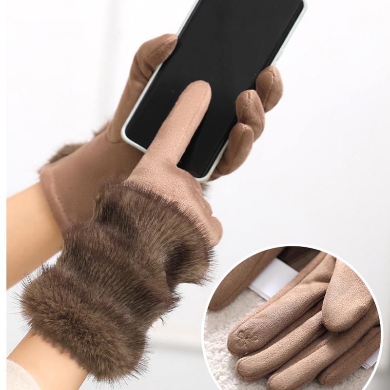Korean Two-color Imitation Rabbit Fur Gloves Women Imitation Suede Warm Full Finger Gloves Touch Screen Windproof Riding Gloves
