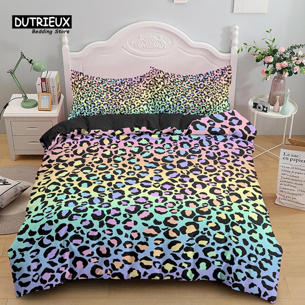 Colorful Leopard Print Bedding Set Microfiber Animal Skin Pattern Print Duvet Cover For Teens Adults Pillowcases Bedroom Decor
