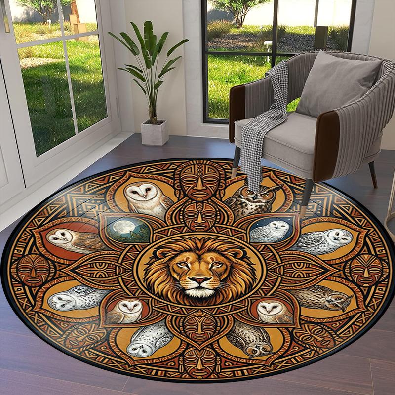 Retro Mandala Lion Round Area Rug,Carpet Rug for Living Room Bedroom Sofa Playroom Decor,Non-slip Floor Mat Q0037