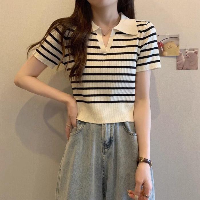 Women's 2025 Striped Ice Silk Knitted Polo Collar Short Sleeve Slim Top