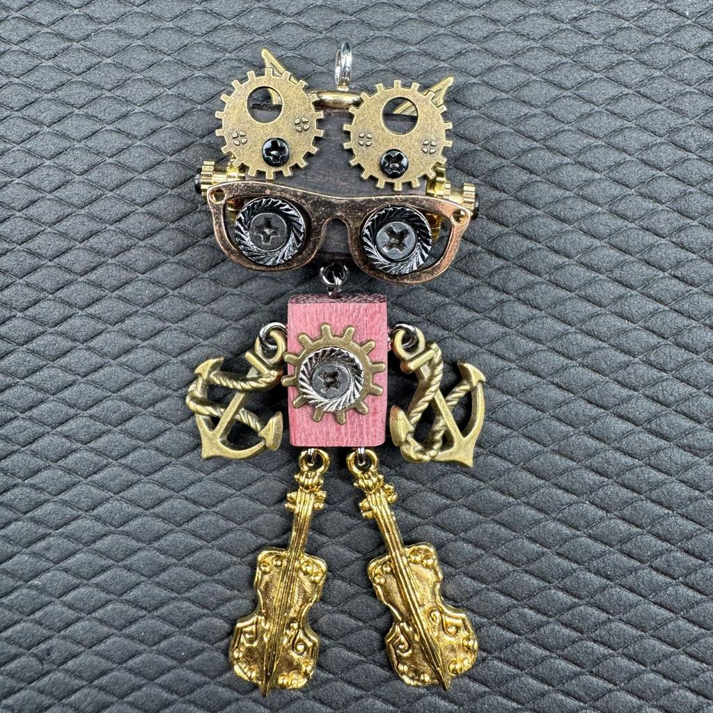 Handmade Punk Robot Pendant Wooden Head Body Hammer Shovel Axe Microphone Badminton Racket Keychain Necklace Pendant