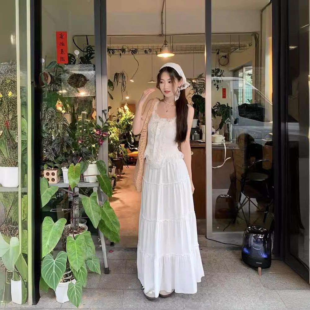Suit Women's Summer Sweet and Spicy Lace Suspender Vest Super Fairy Long Dress White Skirt Two-piece Set Gentle Wind