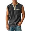 Men Sleeveless Casual Vest Three Button Henley Neck Pocket Front Cotton Linen Blend Summer Top