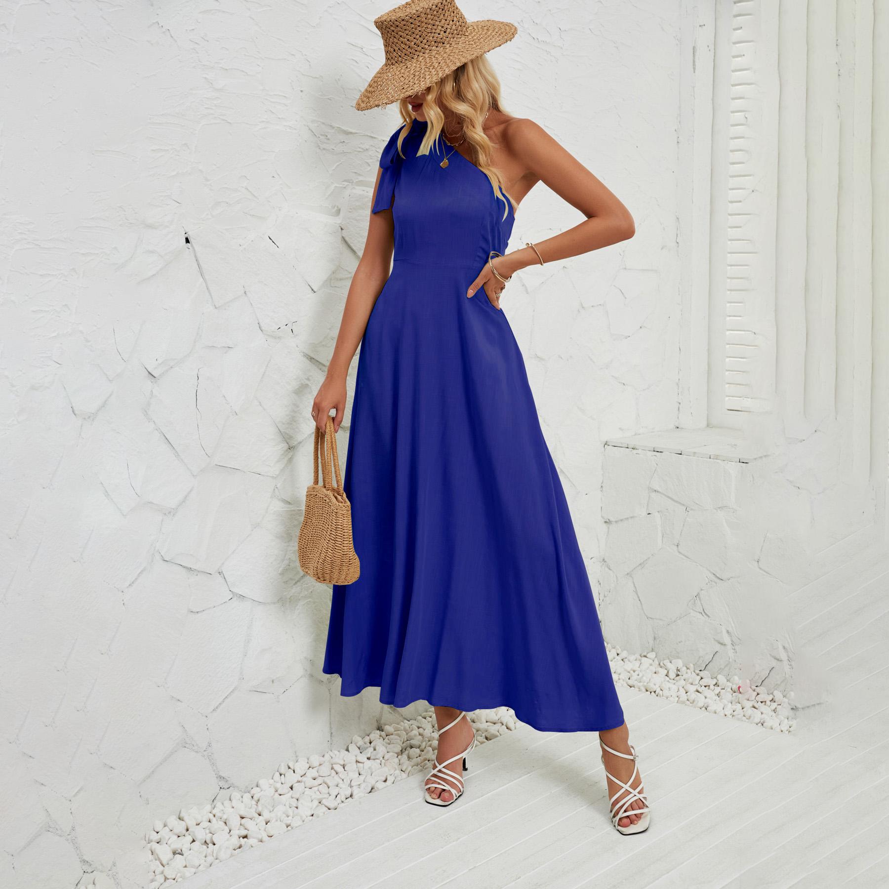 

Летнее женское модное однотонное платье длиной до щиколотки на одно плечо с бантом S темно-синий