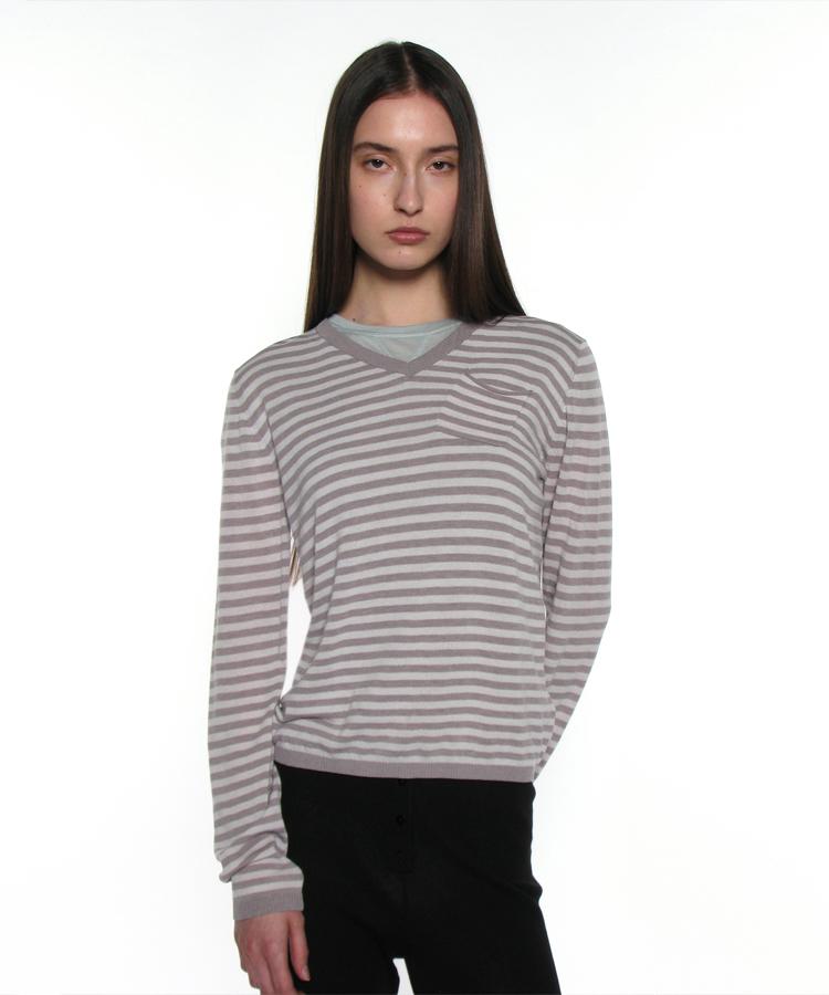 PARTIMENTO WOMEN Pwc Sheer V-Neck Knit Sweater_Gray Stripe