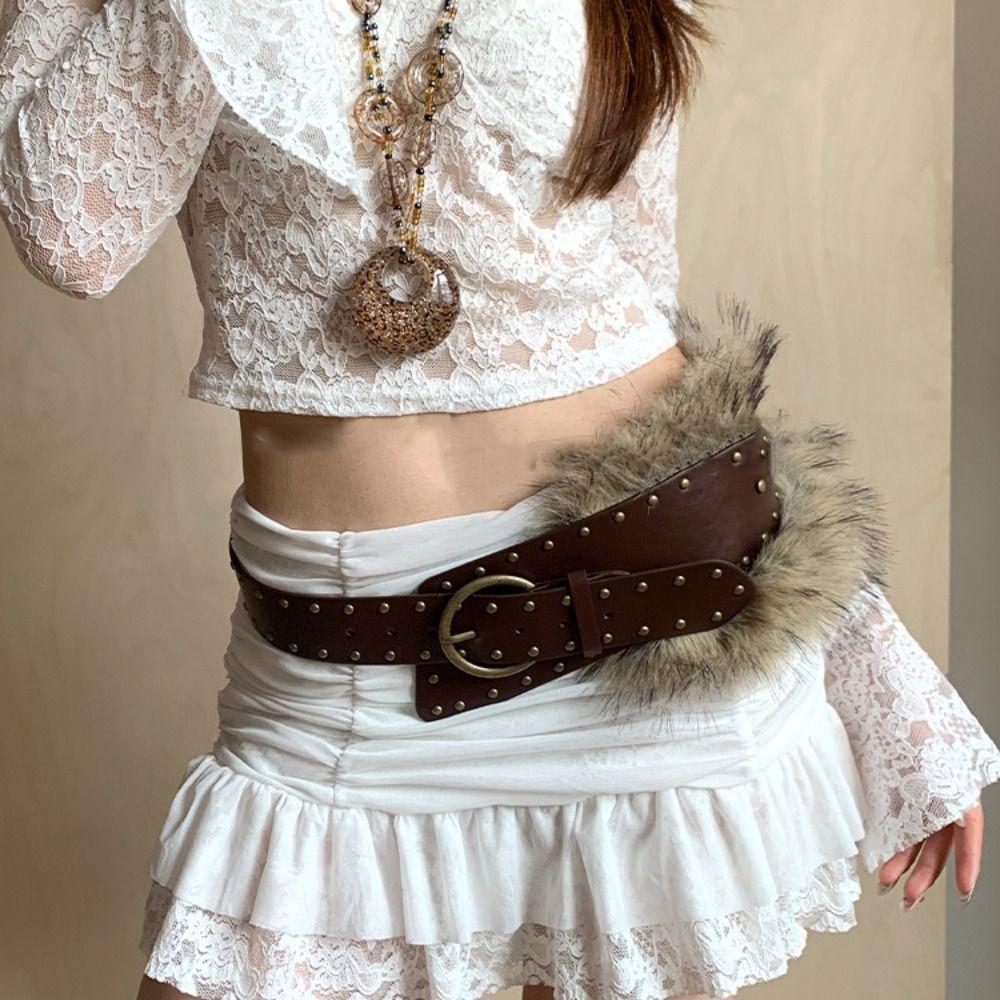 PU Leather Furry Waistband Rivet Y2K Waistband Fashion Plush Belt  Female/Girls