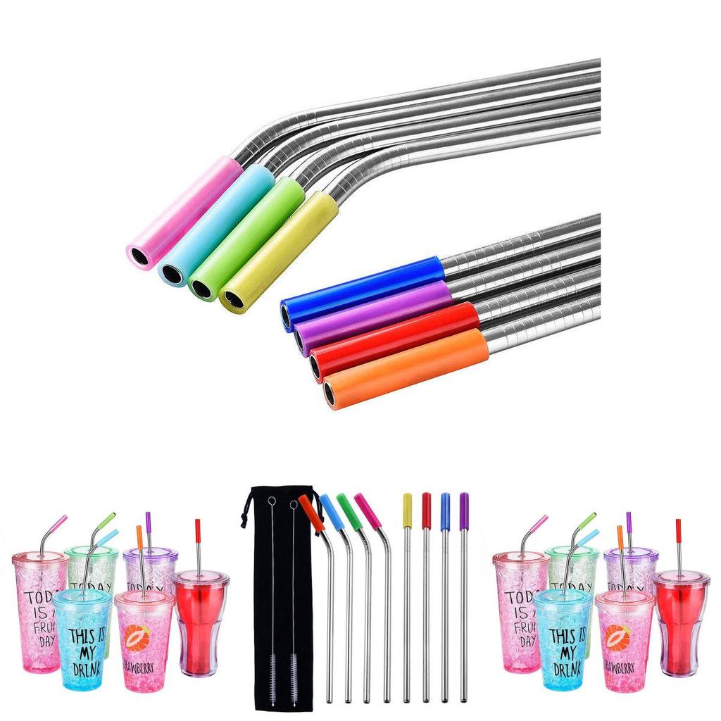 Elegant And Durable 8 Pcs Stainless Steel Metal Drinking Straws With Silicone Tips