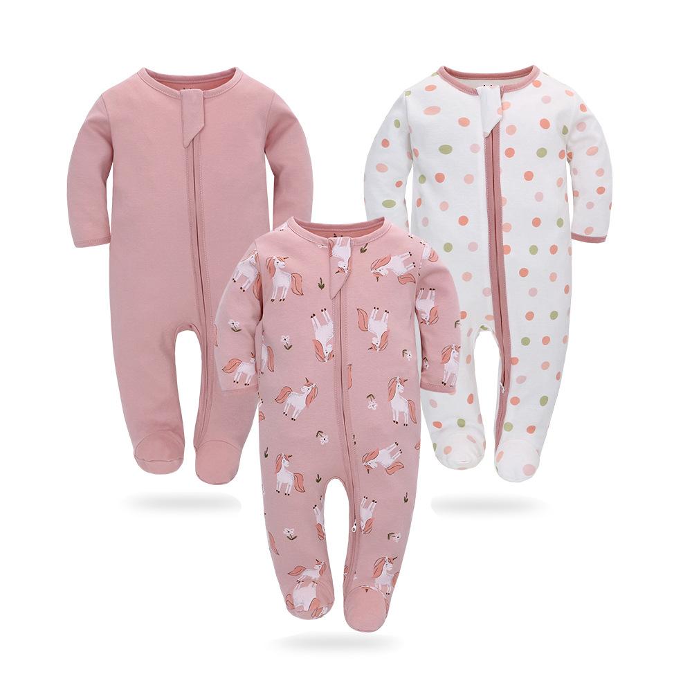 3Pc Baby Jumpsuit Spring and Summer Long Sleeves Newborn Rompers Baby Foot-Wrapped Romper Zipper Onesie Clothes