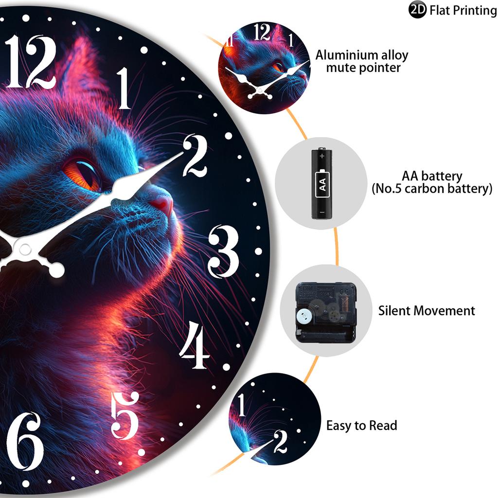 Wooden Silent Wall Clock Neon glowing cat Quartz Analog Clock for Bedroom Bathroom Halloween New Year Gift
