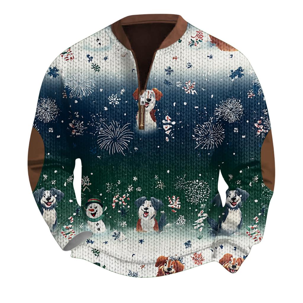 Mens Christmas Sweater Zip Up Sweatshirts Vintage Knit Graphic Sweatshirt Xmas Stand Collar Pullover