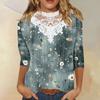 3/4 Length Sleeve Womens Tops Casual Loose Fit Lace V-neck T Shirts Cute Retro Floral Print Three Quarter Length Tunic Tops