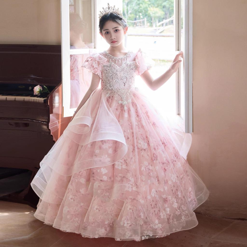 Pink Mori Style Luxury Tulle Princess Dress for Children's Birthday & Piano Performance