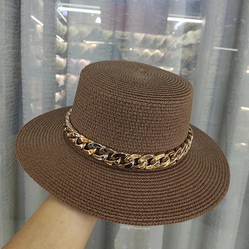 Nieuwe Kleur Ketting Platte Top Unisex Jazz Strooien Hoed Buiten Vrouwen Zeevakantie Zon Strand Hoeden Mode Zomer Panama Emmer Hoed