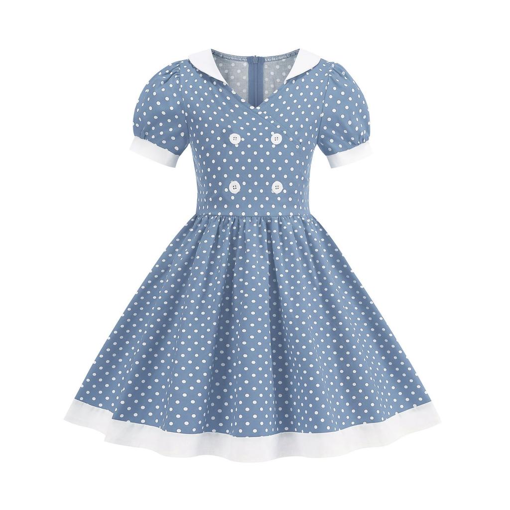 Fashion Summer Waist Polka Dot Dress Sweet Square Neck  Girls Women's Clothing
